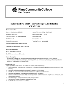 PimaCommunityCollege Syllabus :BIO 156IN -Intro Biology Allied Health CRN21289