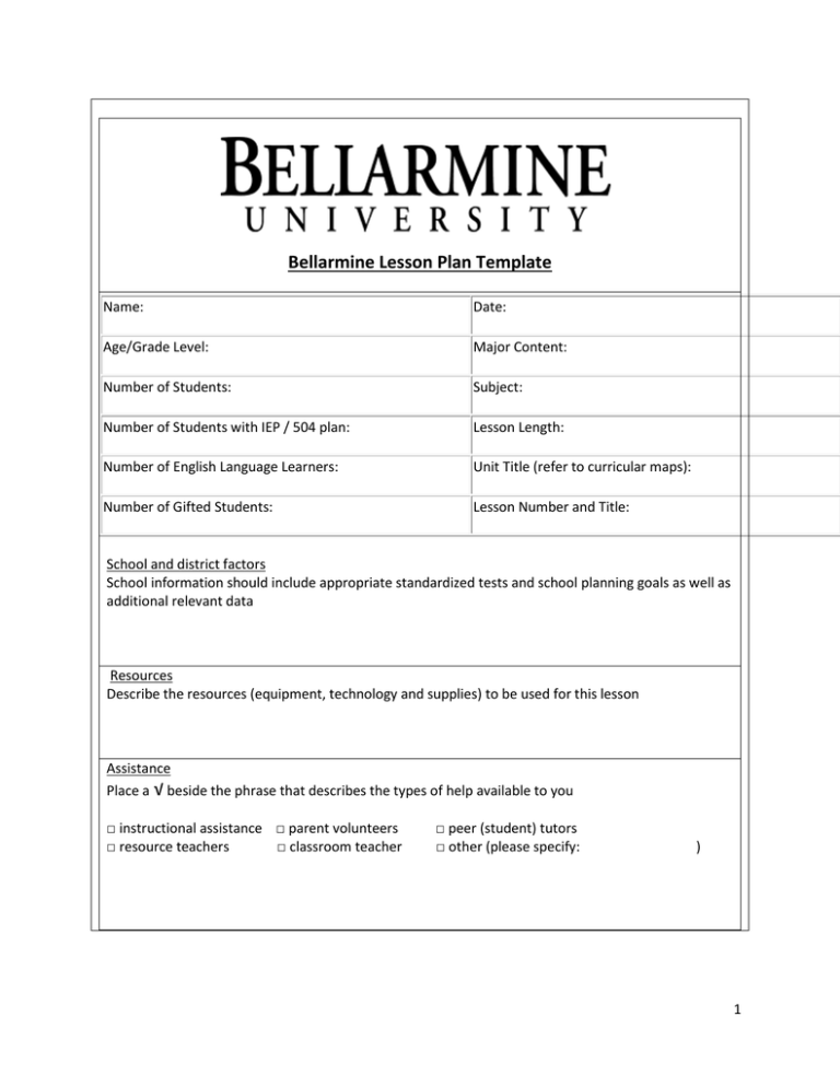 Bellarmine Lesson Plan Template