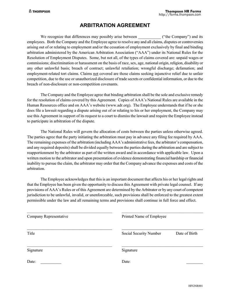 Template Arbitration Agreement HQ Printable Documents