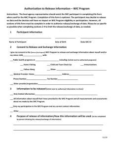 Authorization to Release Information – WIC Program - SAMPLE FORM (WORD) - 11/5/14