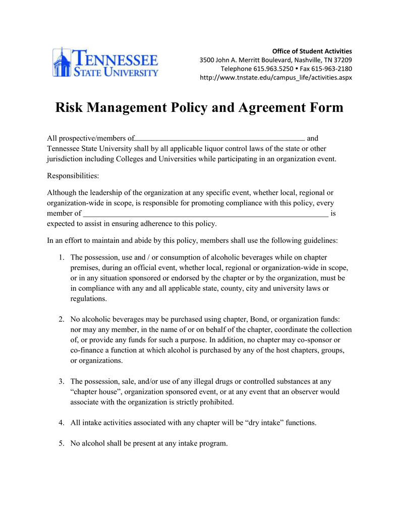 Risk Management Policy and Agreement Form Regarding risk management agreement template