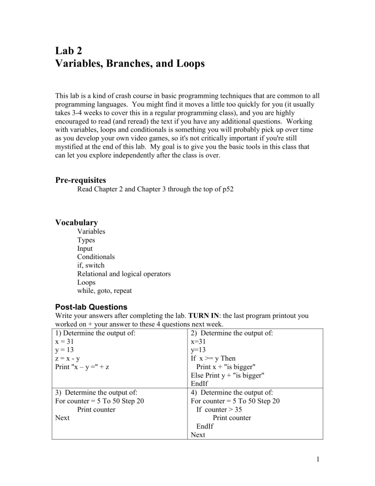 Lab 2 Variables, Branches, And Loops