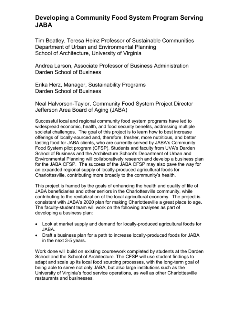 Developing A Community Food System Program Serving JABA Developing A Community Food System Program Serving JABA
