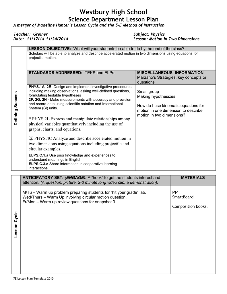 Physics LP Nov 22 With Regard To Madeline Hunter Lesson Plan Blank Template