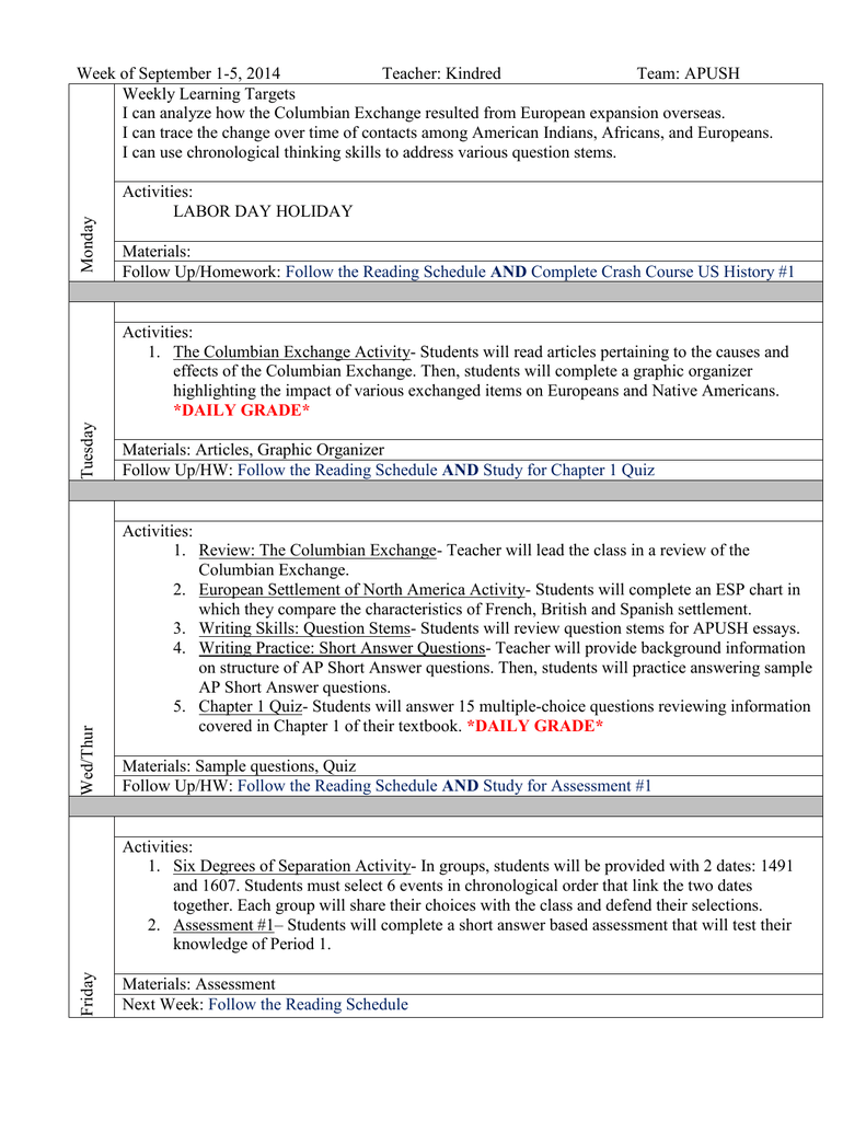 Columbian Exchange Chart Answers