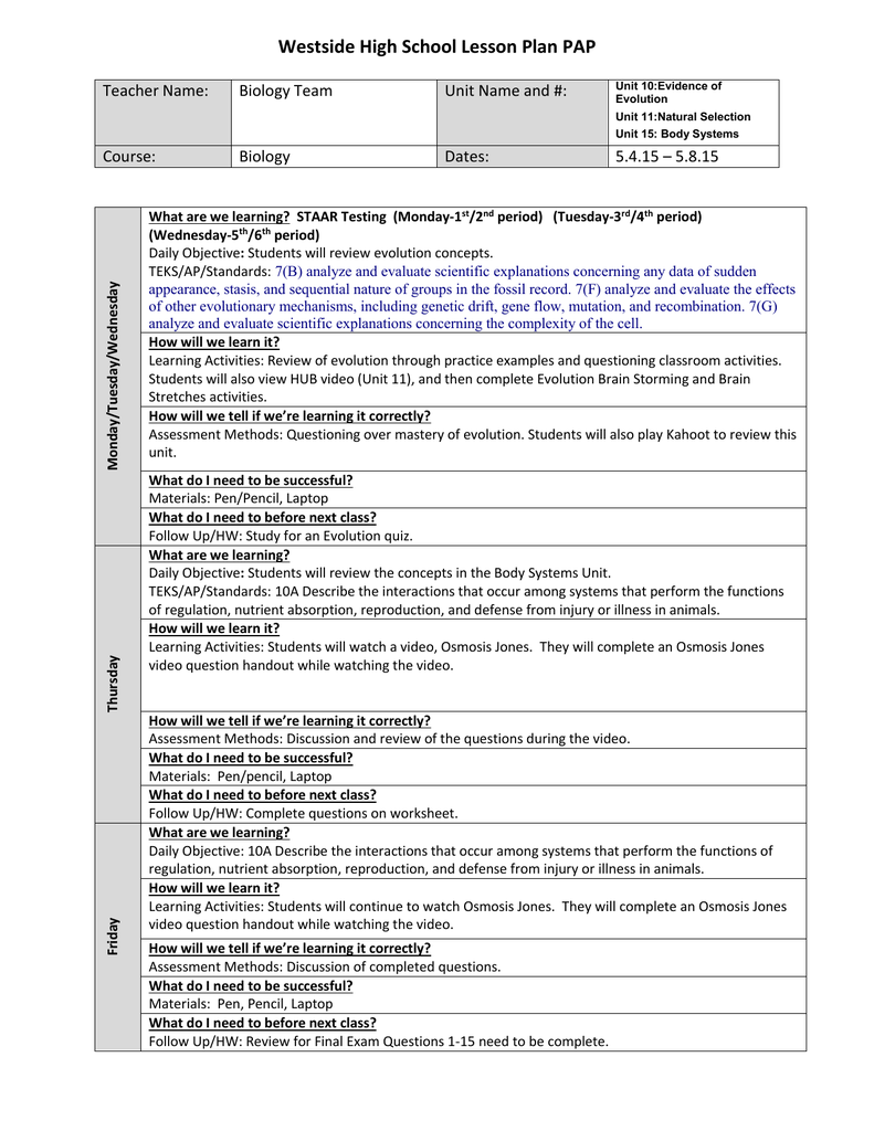 Westside High School Lesson Plan PAP Teacher Name Biology Team