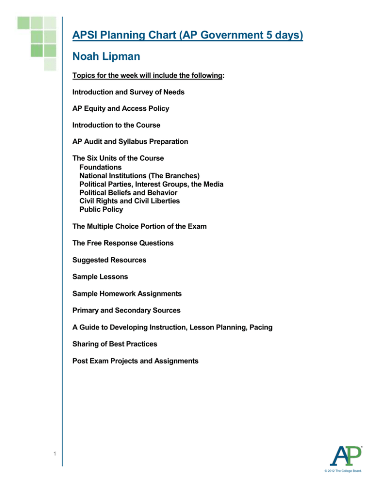 APSI Planning Chart AP Government 5 Days Noah Lipman