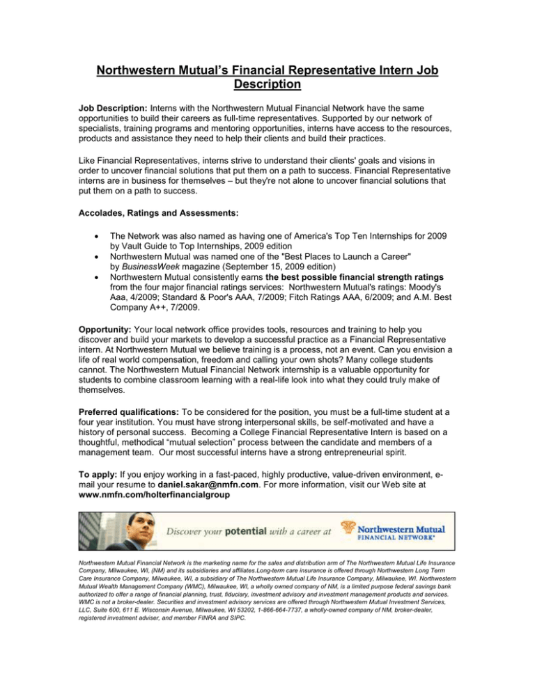 Financial Representative Intern Job Description