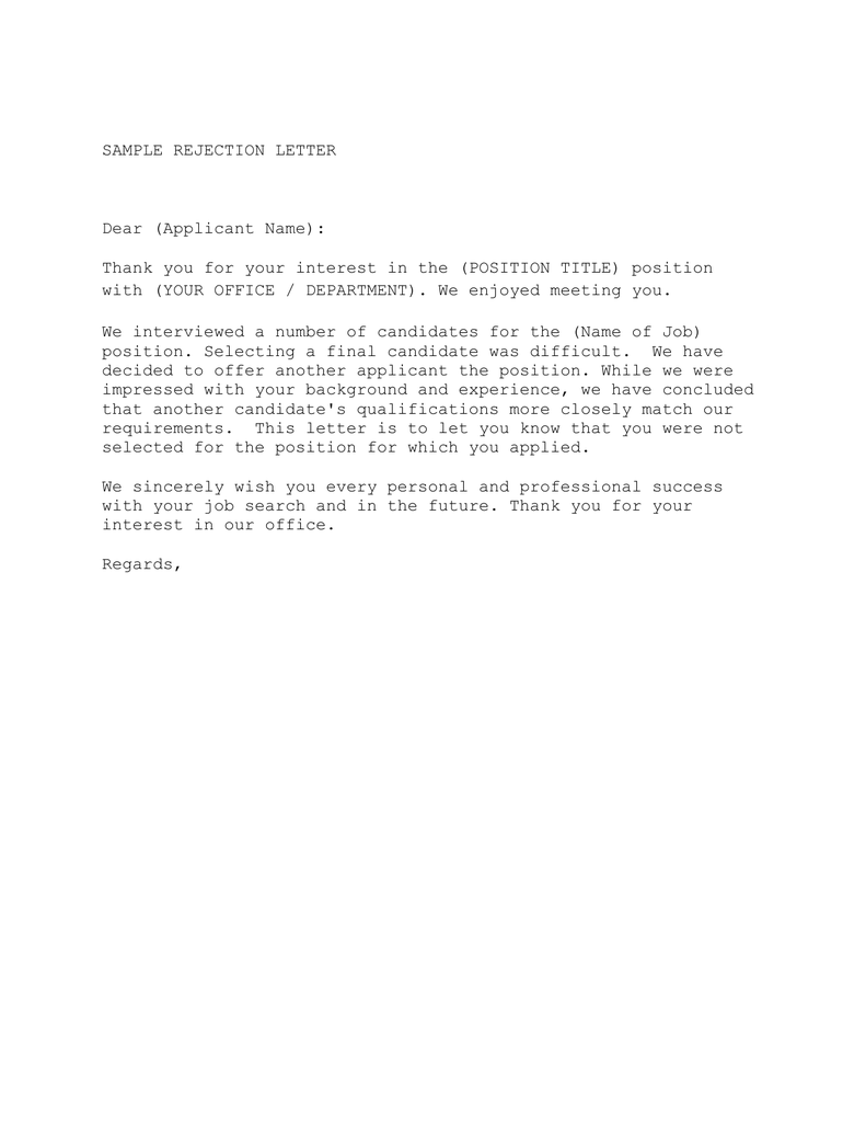 Job Rejection Thank You Letter from s2.studylib.net