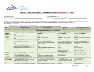 Teacher Candidate Student Teaching Evaluation -Final (WORKSHEET)