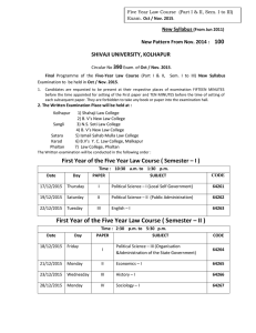 Final Programme of the Five-Year Law Course (Part I II, Sem. I to III) New Syllabus Examination to be held in Oct / Nov. 2015 .