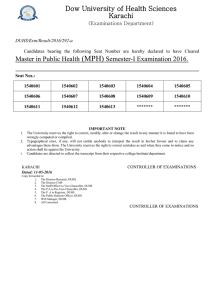 {Examinations Department} Result Master in Public Health (MPH) Semester-I Examination 2016.