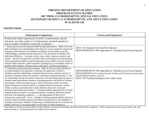 VIRGINIA DEPARTMENT OF EDUCATION PROGRAM STATUS MATRIX 2007 PREK-12 ENDORSEMENTS, SPECIAL EDUCATION,