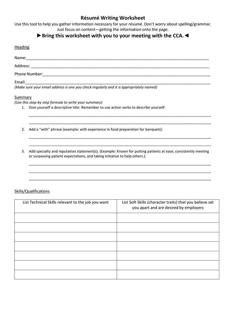 Résumé Writing Worksheet In Resume Worksheet For Adults