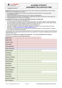 ACADEMIC INTEGRITY ASSIGNMENT DECLARATION FORM Academic Services