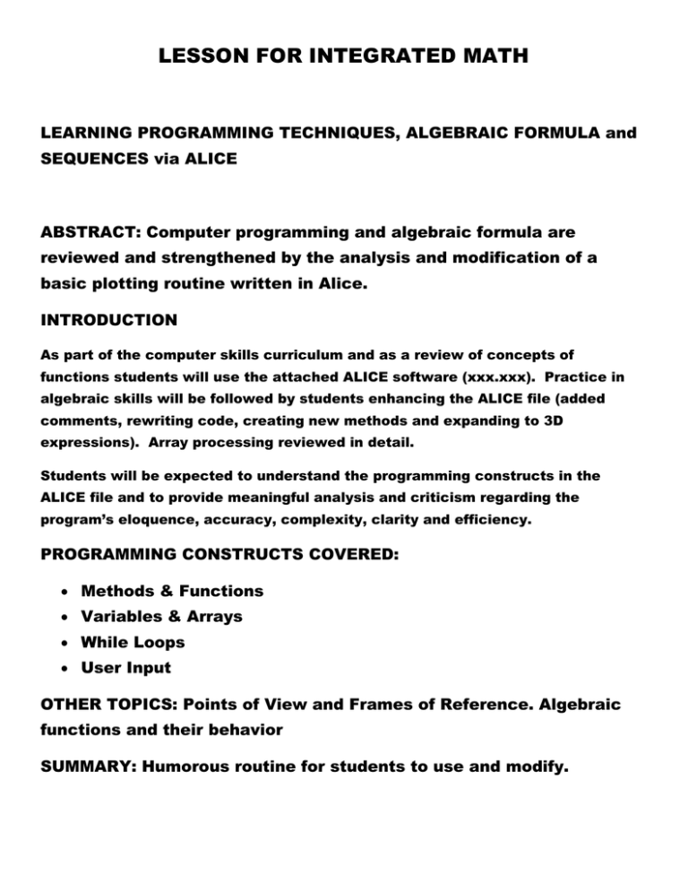 LESSON FOR INTEGRATED MATH