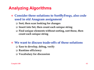 Analyzing Algorithms Consider three solutions to SortByFreqs, also code