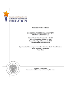 Ashland Public Schools  COORDINATED PROGRAM REVIEW REPORT OF FINDINGS