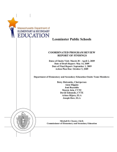 Leominster Public Schools  COORDINATED PROGRAM REVIEW REPORT OF FINDINGS