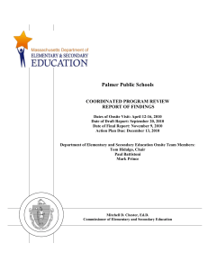 Palmer Public Schools  COORDINATED PROGRAM REVIEW REPORT OF FINDINGS