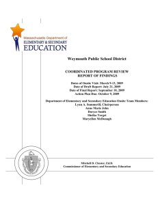 Weymouth Public School District  COORDINATED PROGRAM REVIEW REPORT OF FINDINGS