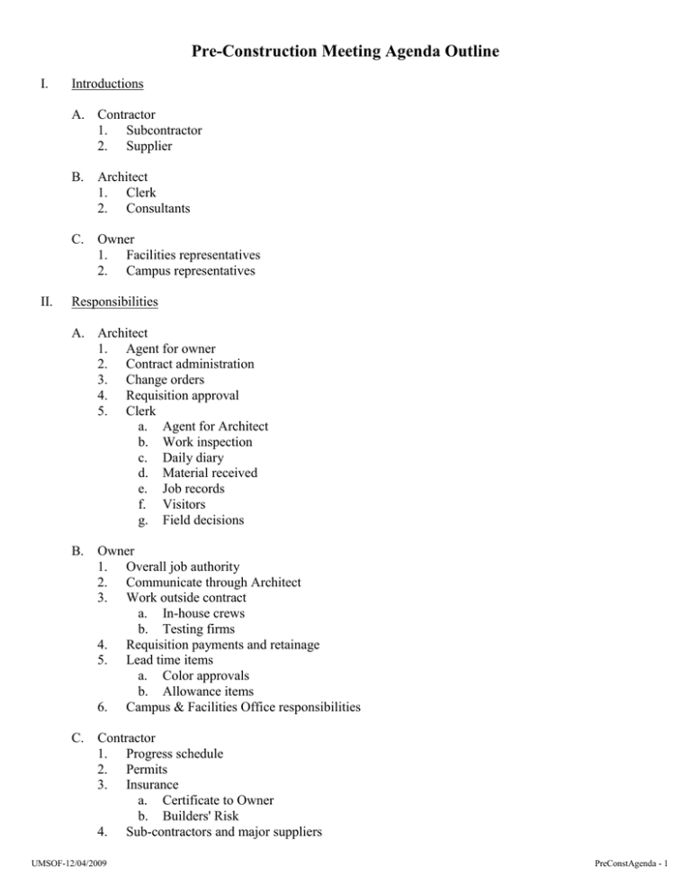 Pre Construction Meeting Agenda