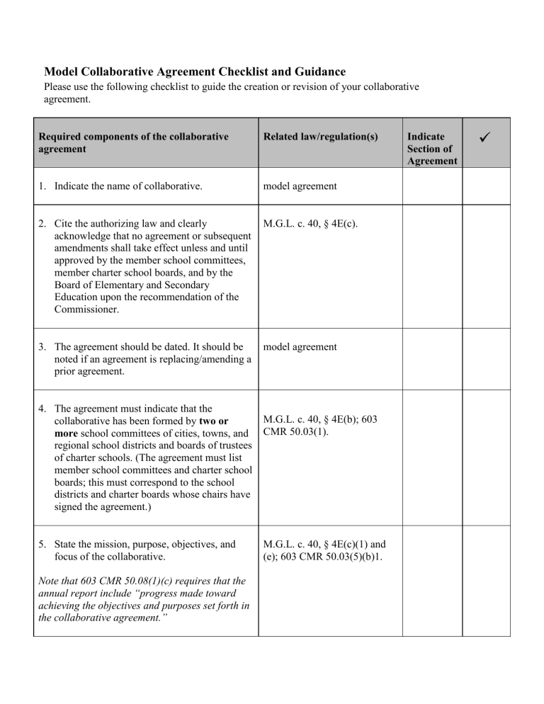 Model Collaborative Agreement Checklist and Guidance