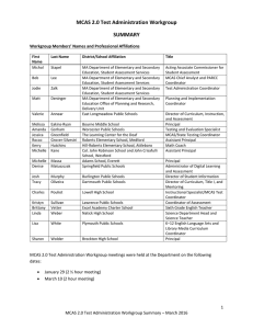 MCAS 2.0 Test Administration Workgroup SUMMARY Workgroup Members’ Names and Professional Affiliations
