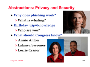 Abstractions: Privacy and Security Why does phishing work? Birthday+zip=knowledge What should Congress know?