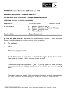 Form R1 Application to Register for a Research Degree (Mandatory Submission 5)