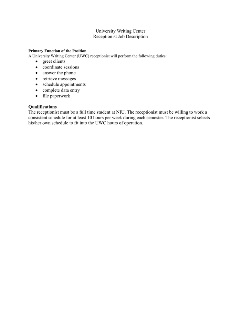 University Writing Center Receptionist Job Description Greet Clients University Writing Center Receptionist Job Description Greet Clients
