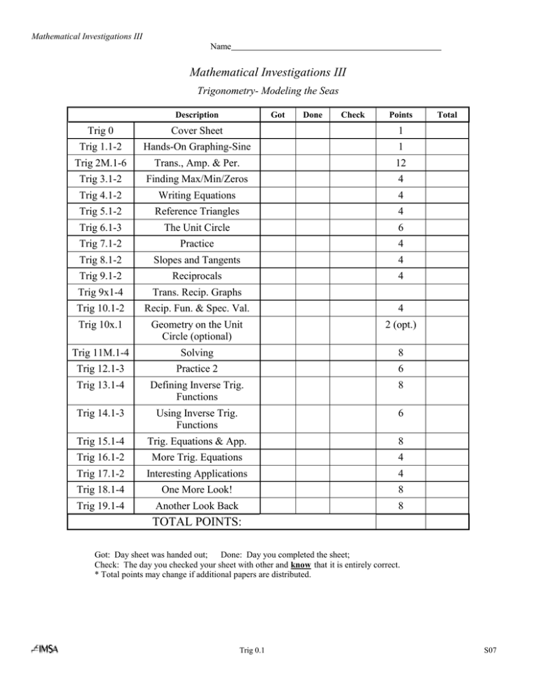 Trig Cover Sheet