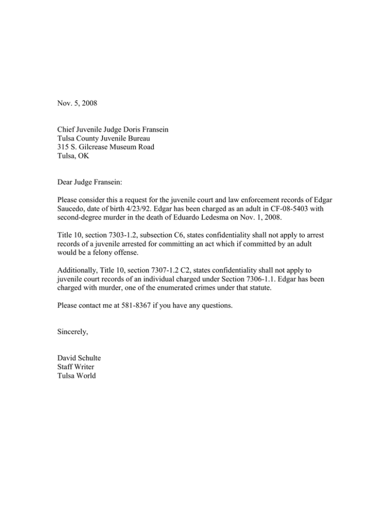 Juvenile Records Request Sample Letter