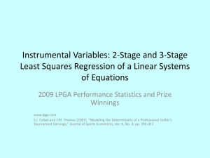 Instrumental Variables in Systems of Linear Equations -- 2-Stage Least Squares Relating Golf Skills to Prize Money for 2009 LPGA Tourney
