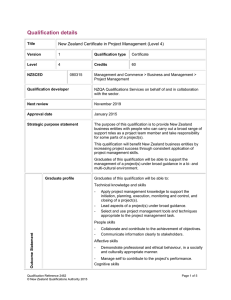 Qualification details  New Zealand Certificate in Project Management (Level 4)