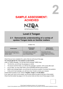 2 SAMPLE ASSESSMENT: ACHIEVED Level 2 Tongan