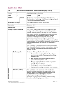 Qualification details New Zealand Certificate in Protective Coatings (Level 4)