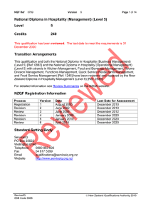 National Diploma in Hospitality (Management) (Level 5) Level 5 Credits