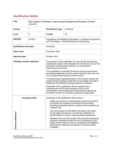 Qualification details  New Zealand Certificate in Aeronautical Engineering (Production Control) (Level 6)