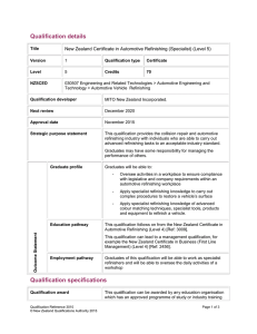 Qualification details  New Zealand Certificate in Automotive Refinishing (Specialist) (Level 5)