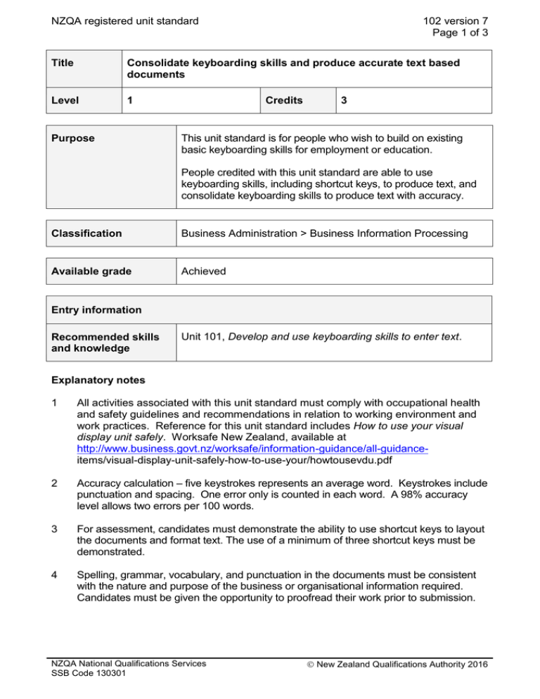 NZQA registered unit standard 102 version 7 Page 1 of 3