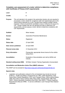 Complete a pre-assessment of a motor vehicle to determine compliance