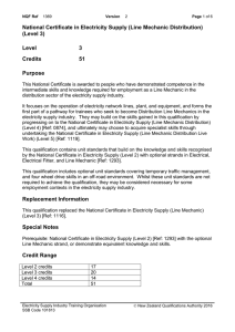 National Certificate in Electricity Supply (Line Mechanic Distribution) (Level 3) Level 3