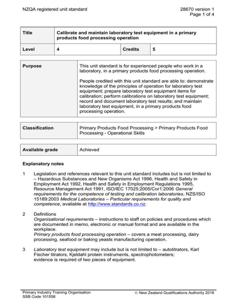 NZQA registered unit standard 28670 version 1 Page 1 of 4