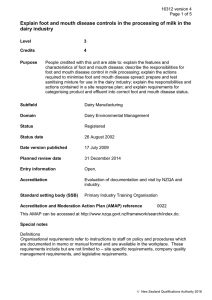 Explain foot and mouth disease controls in the processing of... dairy industry