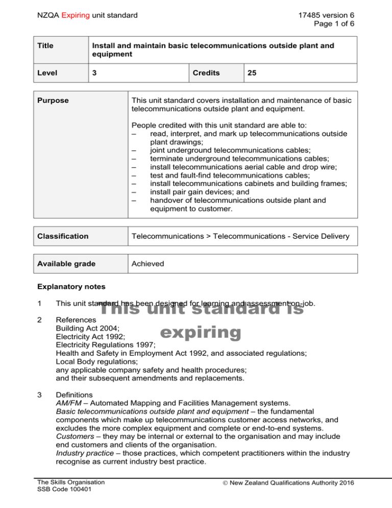 NZQA Unit Standard 17485 Version 6