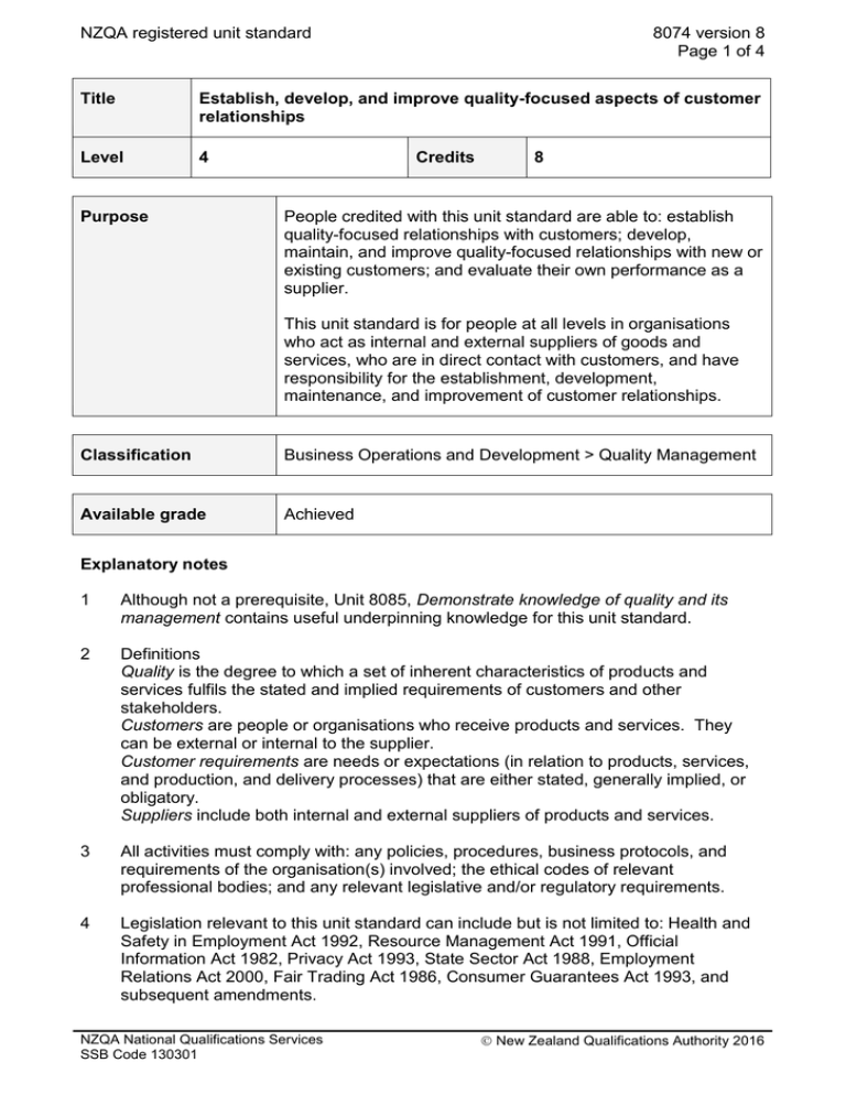 NZQA registered unit standard 8074 version 8 Page 1 of 4