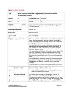 Qualification details New Zealand Certificate in Agriculture (Pastoral Livestock Production) (Level 3)