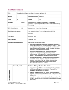 Qualification details  New Zealand Diploma in Dairy Processing (Level 6)