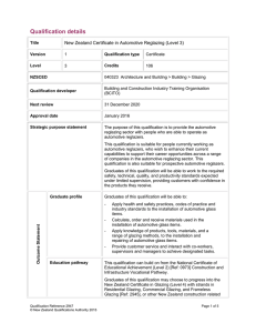 Qualification details  New Zealand Certificate in Automotive Reglazing (Level 3)